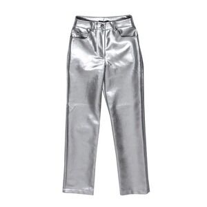 7 For All Mankind - Silver Faux Leather Straight Leg Pants Size Small